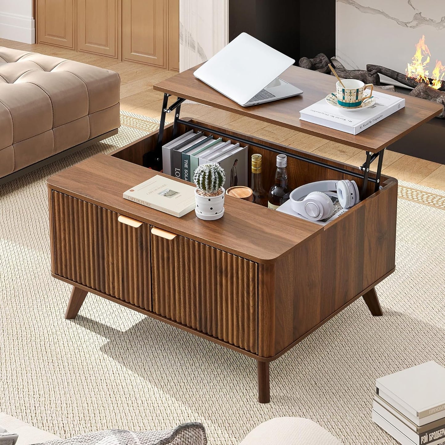 43.3" Coffee Table with Storage, Oval Coffee Tables for Living Room, Farmhouse Fluted Coffee Table with Large Storage Shelf, Wood Center Table for Small Space, Natural