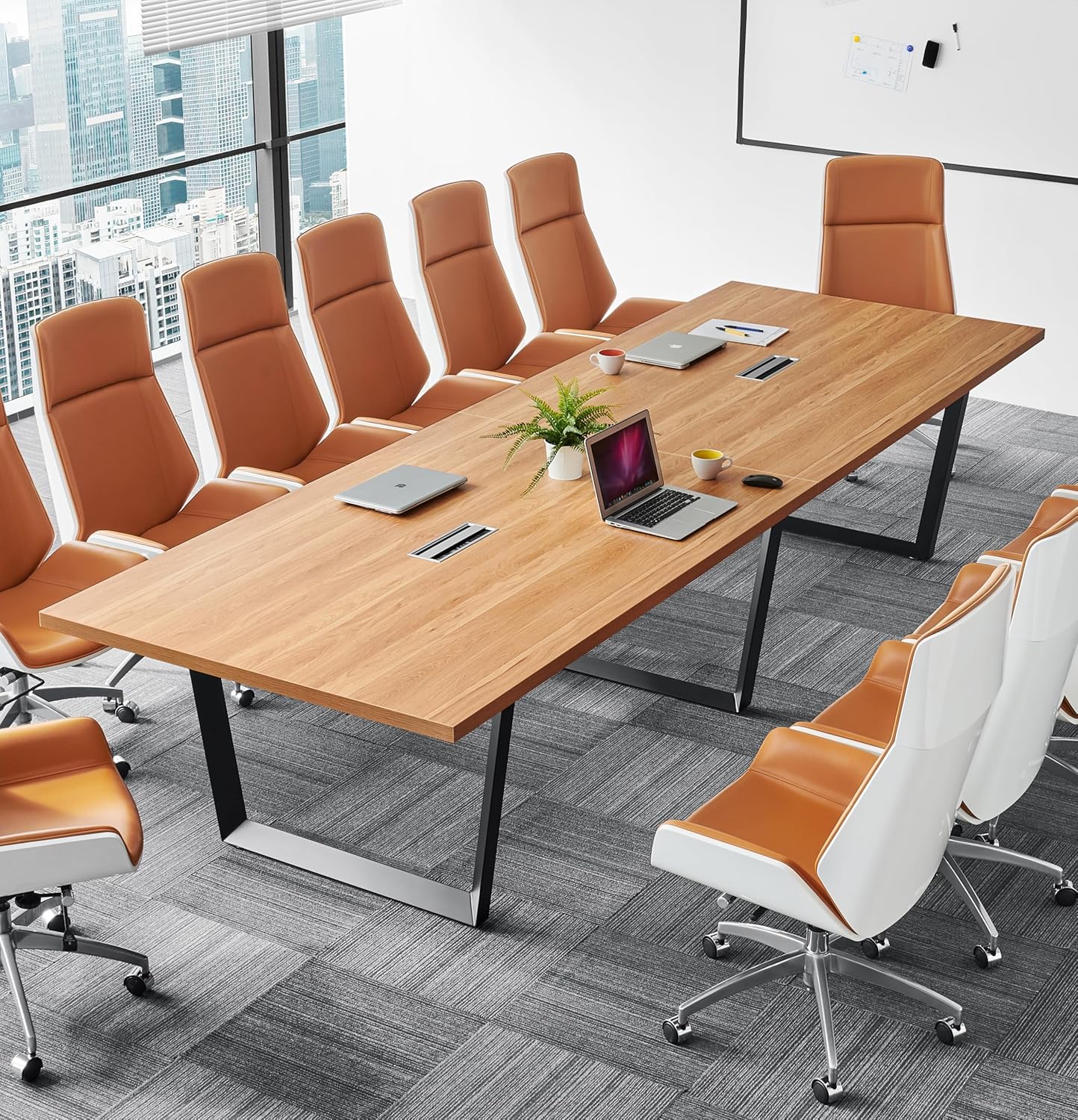 Sturdy Conference Table with Cable Management Grommets Modern Rectangle Office Meeting Table with Wood Tabletop and Metal Frame & Legs- Easy Assembly Boardroom Table (Dark Brown, 8 Foot)