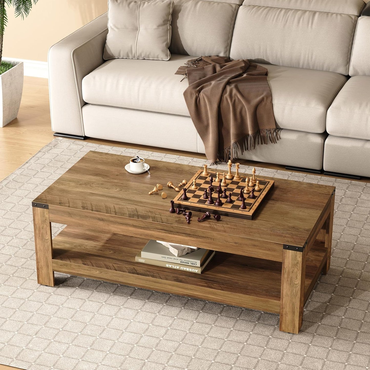 Farmhouse Coffee Table, 47.2" Modern Rustic Wooden Center Table with Storage, Rectangle Living Room Tables, 2-Tier Industrial Cocktail Tea Table for Living Room
