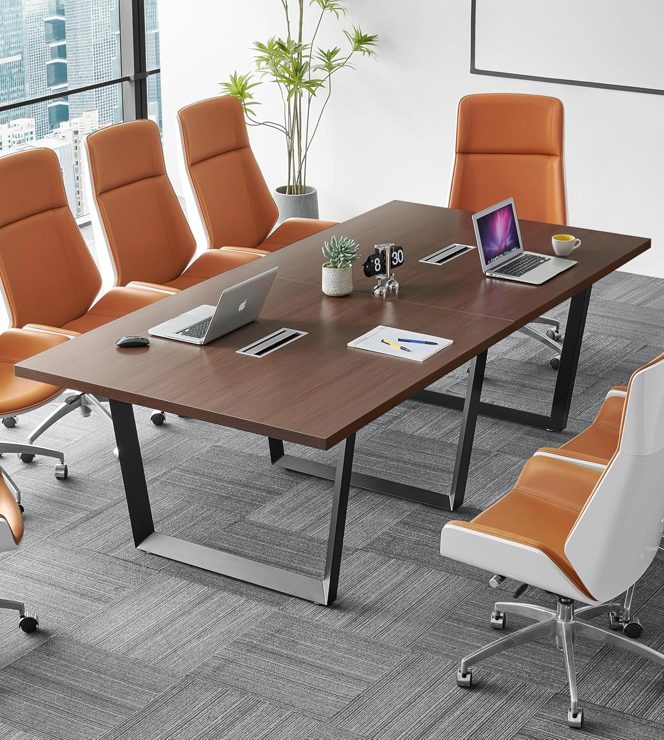 Sturdy Conference Table with Cable Management Grommets Modern Rectangle Office Meeting Table with Wood Tabletop and Metal Frame & Legs- Easy Assembly Boardroom Table (Dark Brown, 8 Foot)