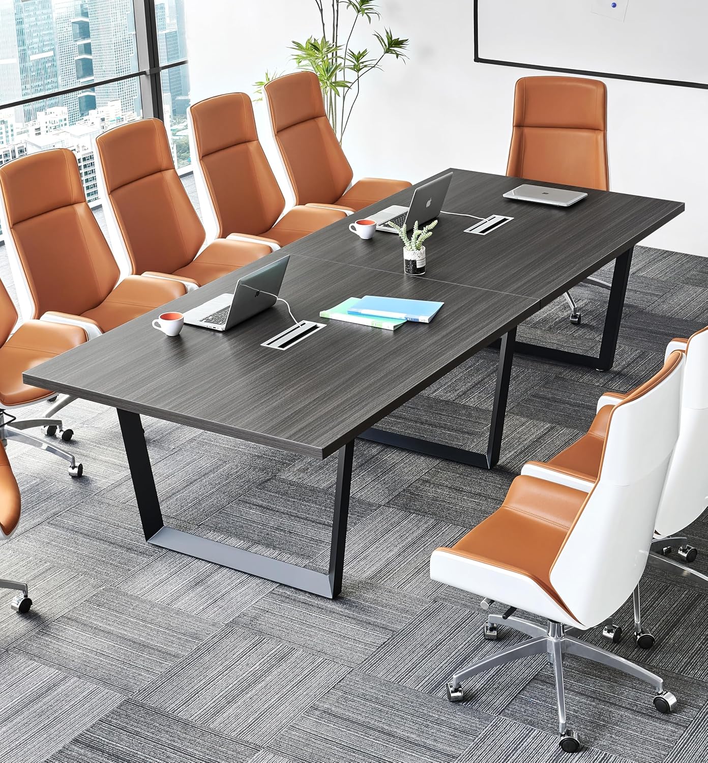 Sturdy Conference Table with Cable Management Grommets Modern Rectangle Office Meeting Table with Wood Tabletop and Metal Frame & Legs- Easy Assembly Boardroom Table (Dark Brown, 8 Foot)