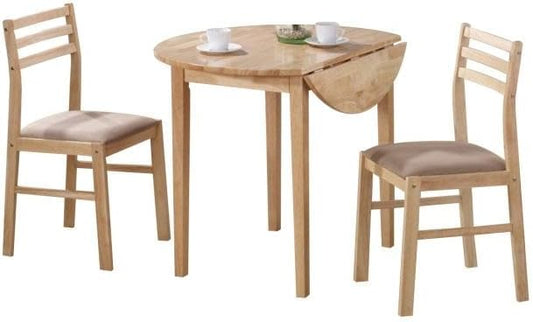 CARTESIAN 3-Piece Drop Leaf Dining Set, Natural Wood Table and 2 Chairs with Beige Cushions, Small Space Kitchen Furniture