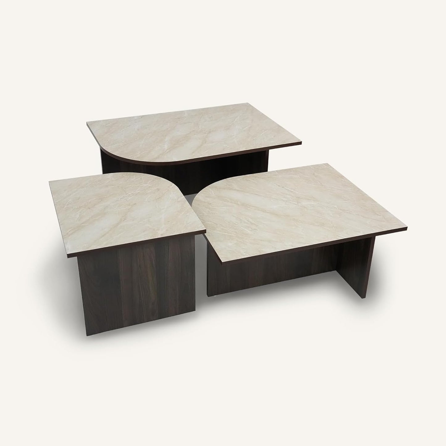 Faux Marble and Wood Coffee Table Set of 3 for Living Room, Modern Nesting Center Table with Faux Travertine Pattern & Solid Wood Legs, Modular Design (Beige & Deep Walnut)