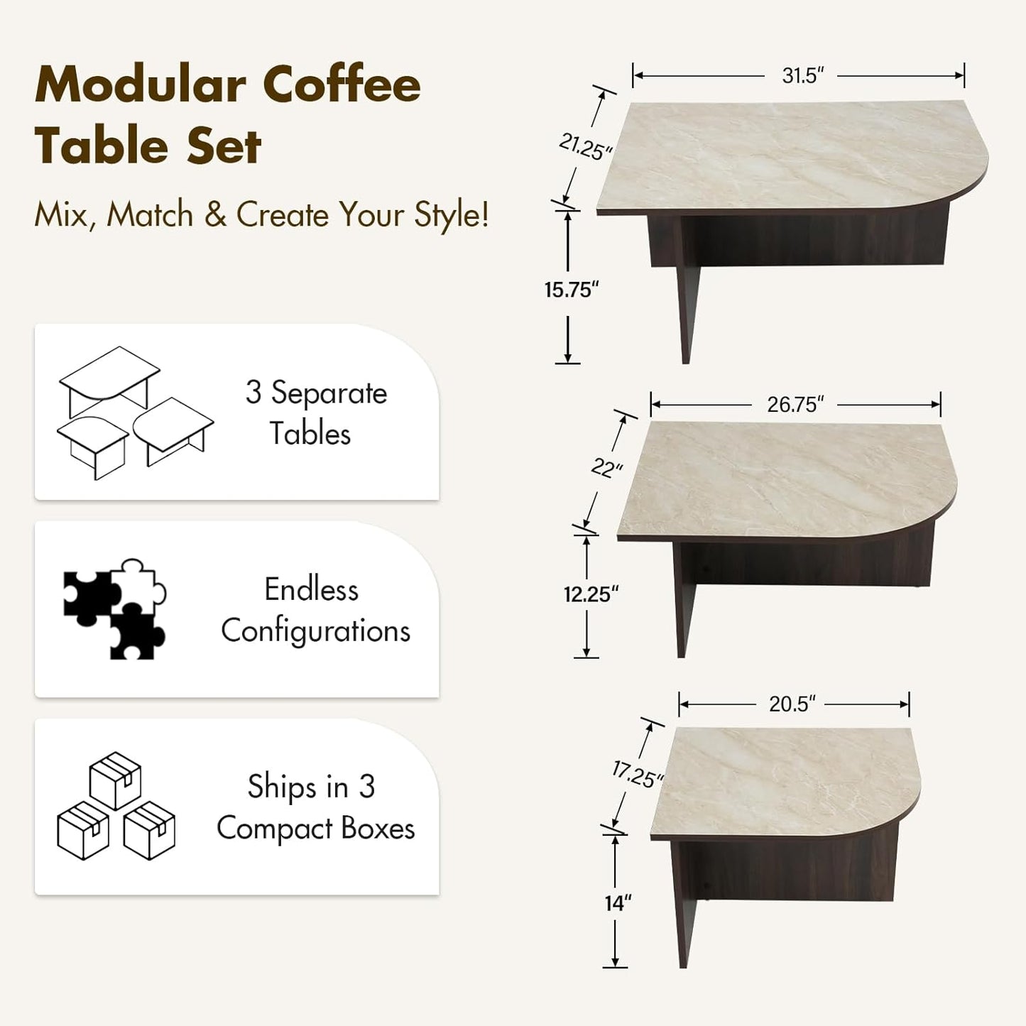 Faux Marble and Wood Coffee Table Set of 3 for Living Room, Modern Nesting Center Table with Faux Travertine Pattern & Solid Wood Legs, Modular Design (Beige & Deep Walnut)