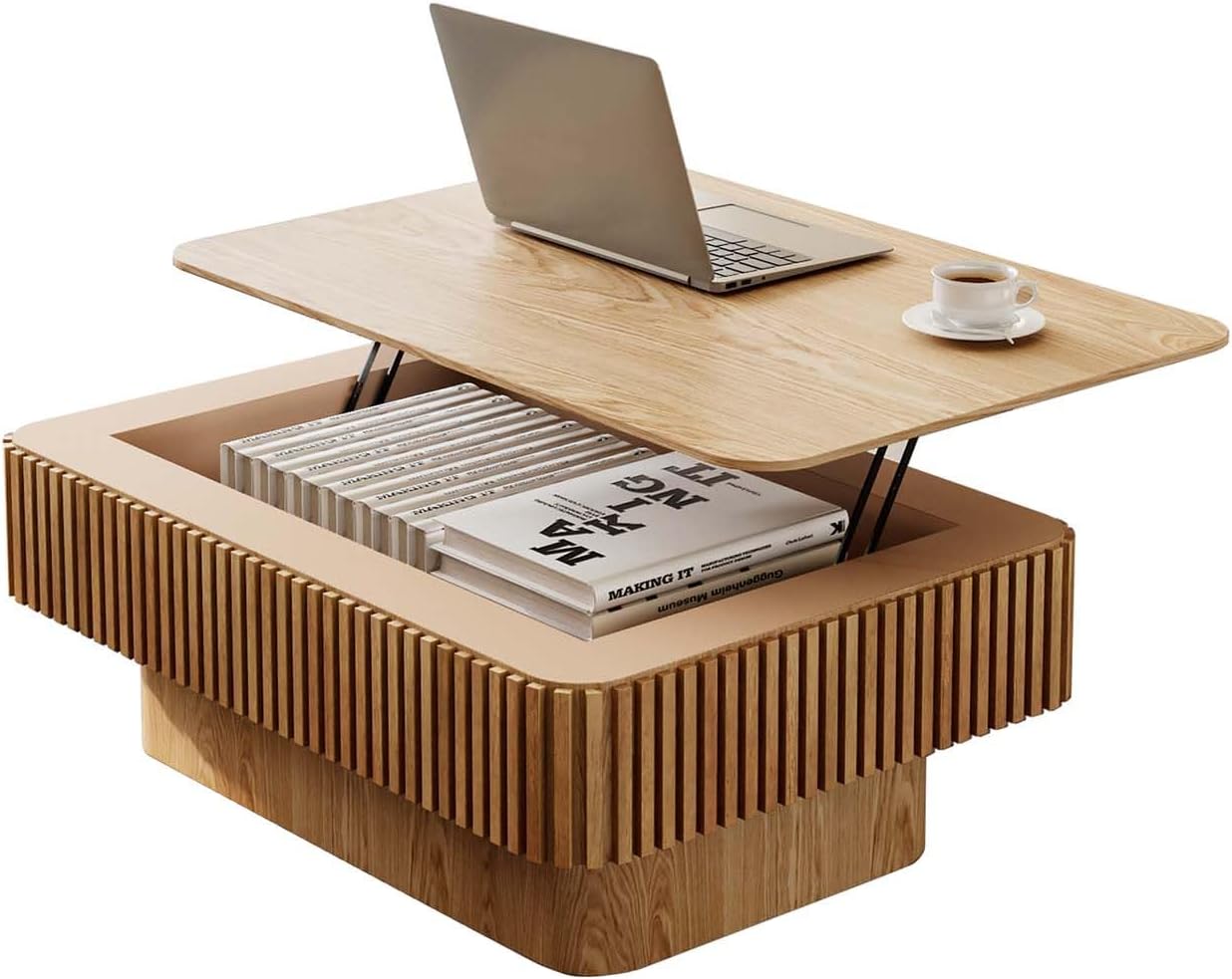 Lift Top Coffee Table with Storage, Solid Wood Coffee Table with Adjustable Height, Fluted Center Table Accent Tea Table for Living Room, Apartment, Office (38.6" Walnut)