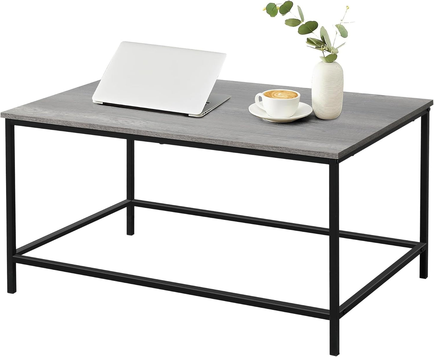 SENIG Small Brown Rectangle Wood and Metal Coffee Table with Storage Shelf for Small Living Rooms