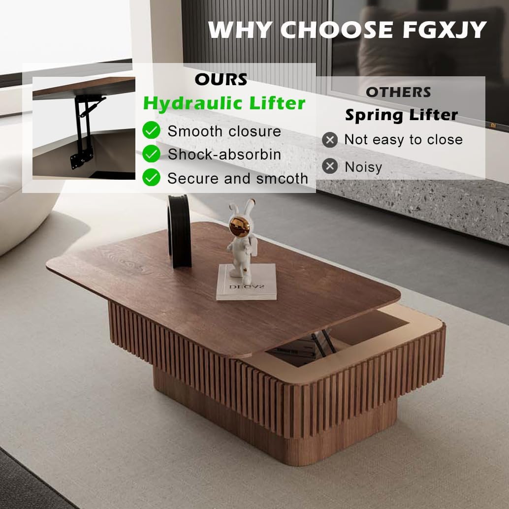 Lift Top Coffee Table with Storage, Solid Wood Coffee Table with Adjustable Height, Fluted Center Table Accent Tea Table for Living Room, Apartment, Office (38.6" Walnut)