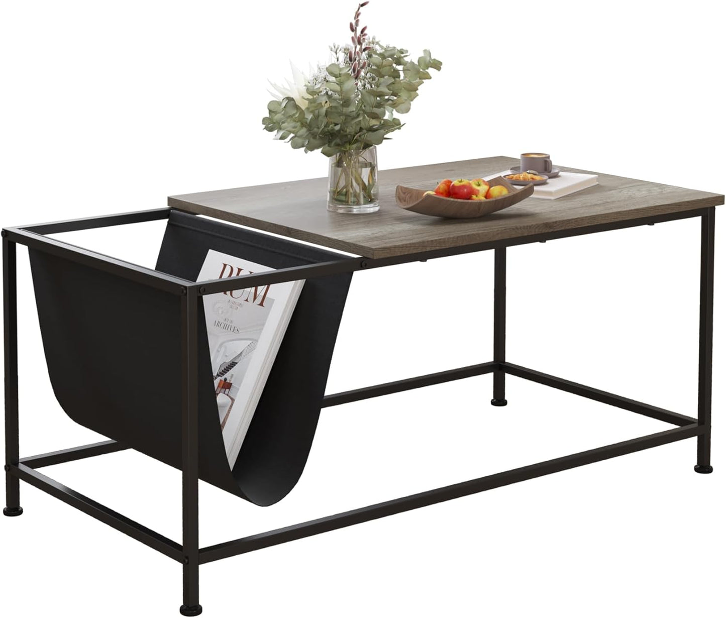 SENIG Small Brown Rectangle Wood and Metal Coffee Table with Storage Shelf for Small Living Rooms