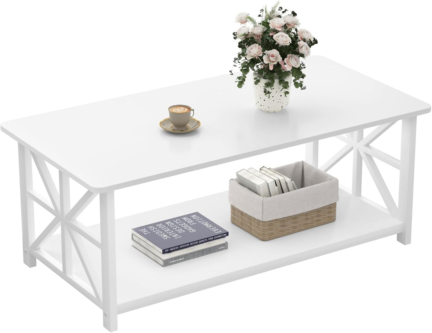 GreenForest Coffee Table for Living Room with Round Corners Farmhouse Style Center Table with Storage Shelf 39 Inch Space Saving Easy Assembly Gray Wash