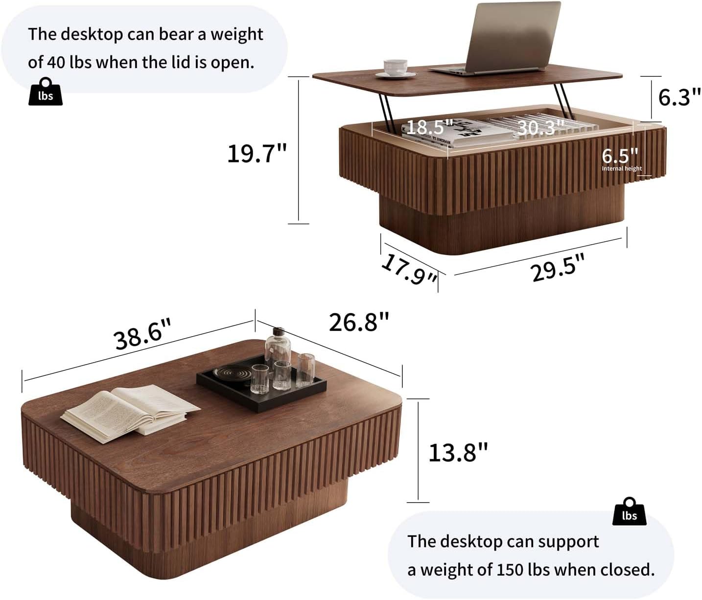 Lift Top Coffee Table with Storage, Solid Wood Coffee Table with Adjustable Height, Fluted Center Table Accent Tea Table for Living Room, Apartment, Office (38.6" Walnut)