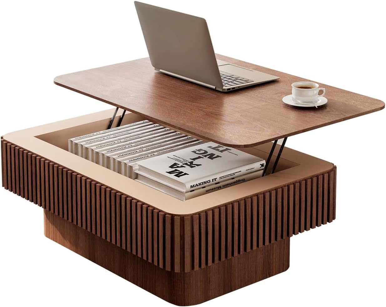 Lift Top Coffee Table with Storage, Solid Wood Coffee Table with Adjustable Height, Fluted Center Table Accent Tea Table for Living Room, Apartment, Office (38.6" Walnut)