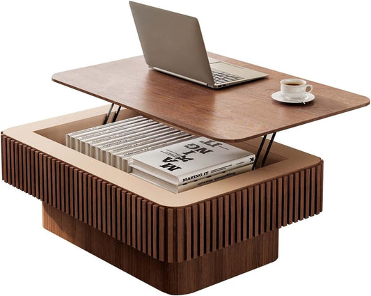 Lift Top Coffee Table with Storage, Solid Wood Coffee Table with Adjustable Height, Fluted Center Table Accent Tea Table for Living Room, Apartment, Office (38.6" Walnut)