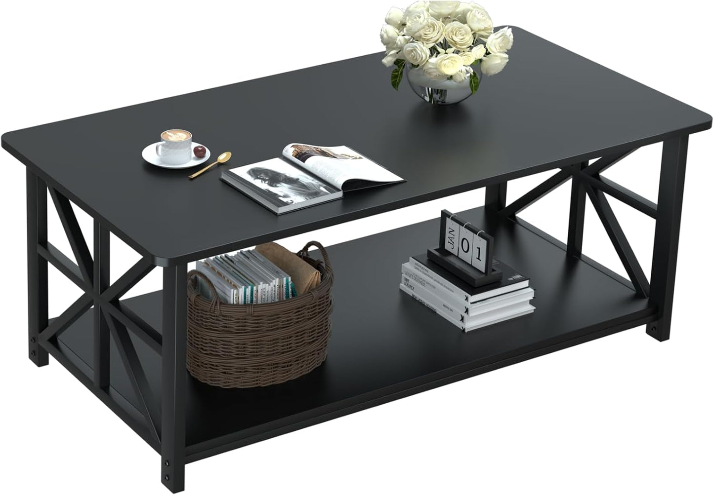 GreenForest Coffee Table for Living Room with Round Corners Farmhouse Style Center Table with Storage Shelf 39 Inch Space Saving Easy Assembly Gray Wash