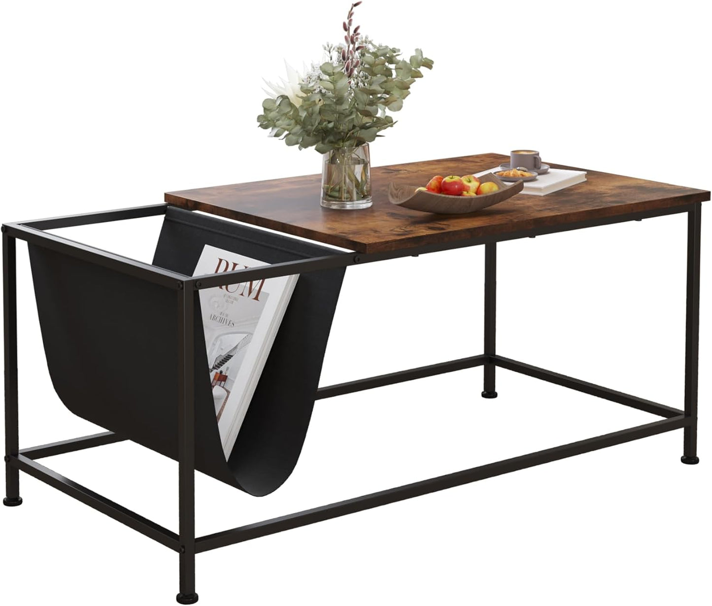 SENIG Small Brown Rectangle Wood and Metal Coffee Table with Storage Shelf for Small Living Rooms