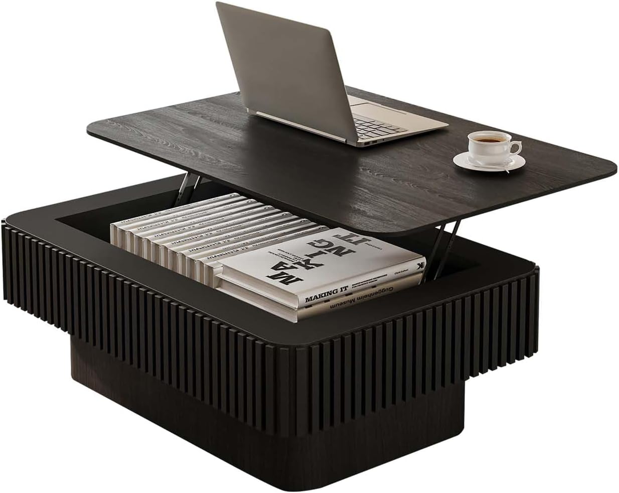 Lift Top Coffee Table with Storage, Solid Wood Coffee Table with Adjustable Height, Fluted Center Table Accent Tea Table for Living Room, Apartment, Office (38.6" Walnut)