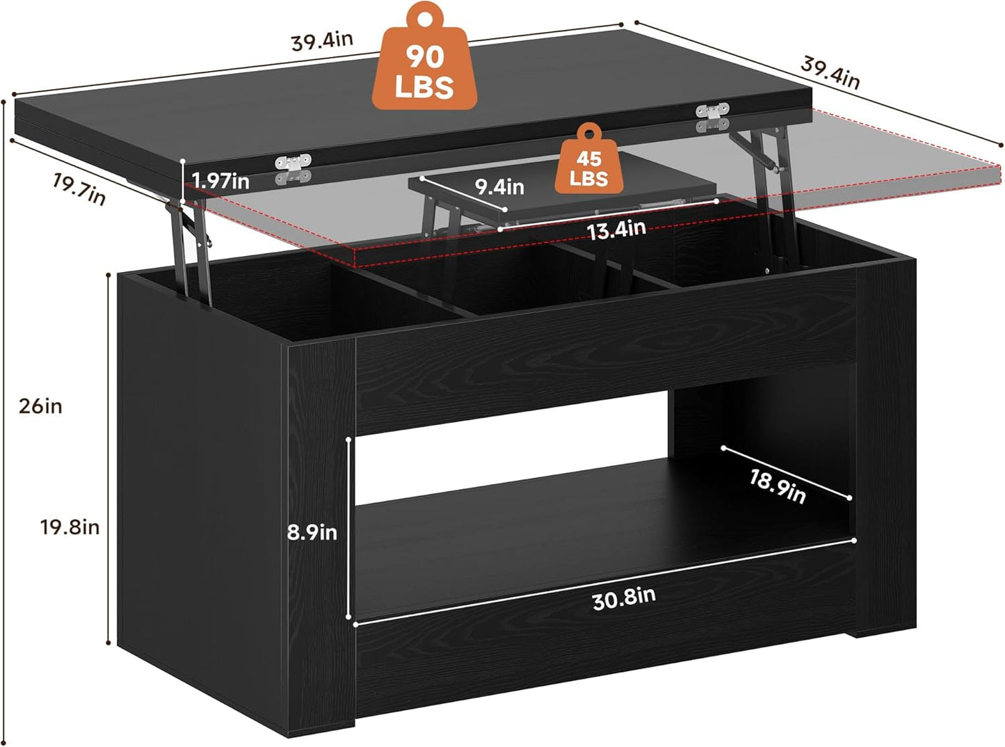 40" Lift Top Coffee Table, 4 in 1 Multi-Function Lift Coffee Tables with Storage and Hidden Compartment, Convertible Coffee Table to Dining Table for Living Room, Black