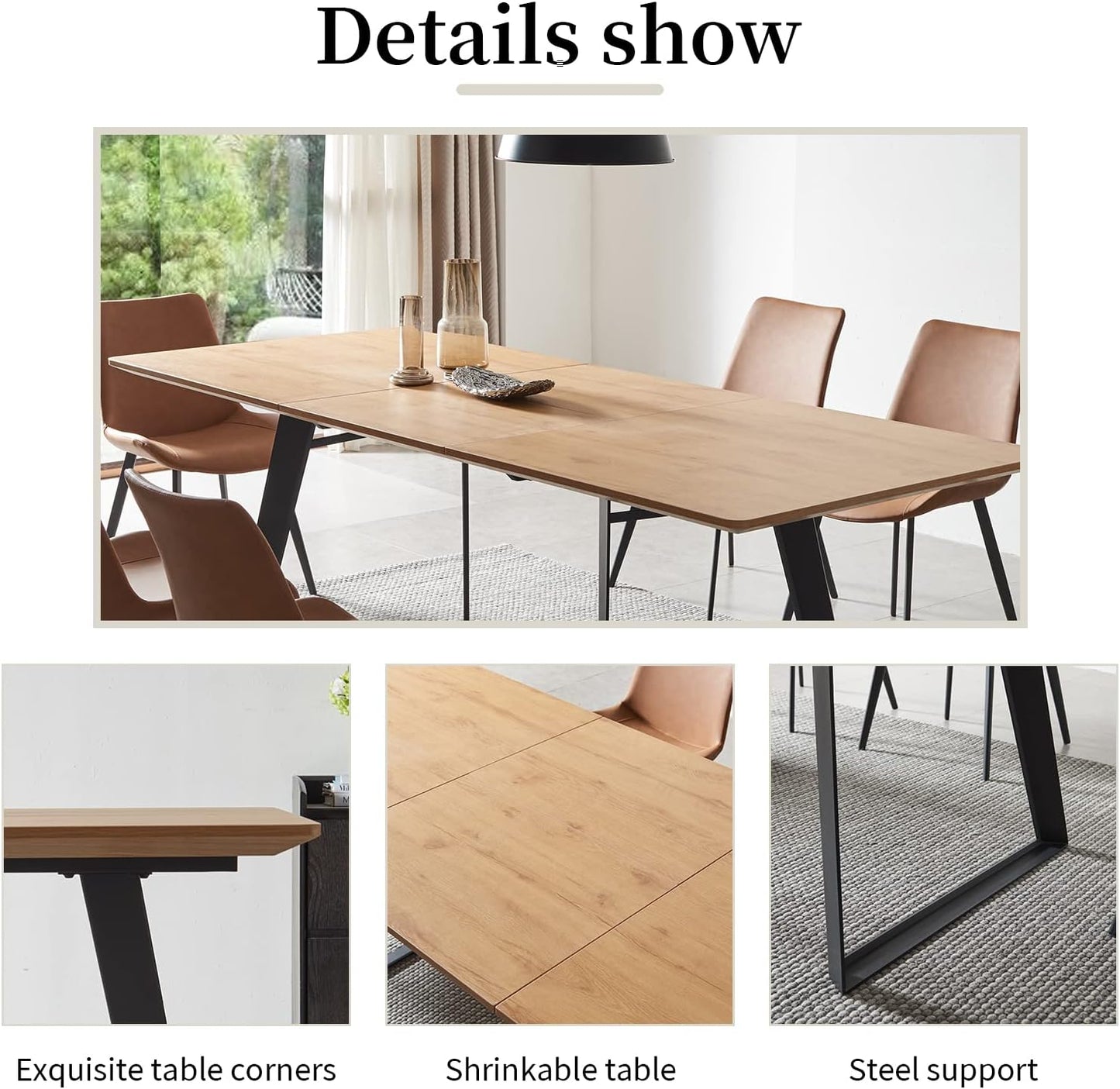 ZckyCine 67" Modern Rectangular Wooden Dining Table Set with 6 Brown Leather Chairs - Expandable, Space-Saving, Multifunctional