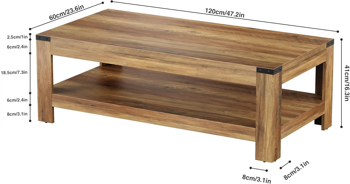 Farmhouse Coffee Table, 47.2" Modern Rustic Wooden Center Table with Storage, Rectangle Living Room Tables, 2-Tier Industrial Cocktail Tea Table for Living Room