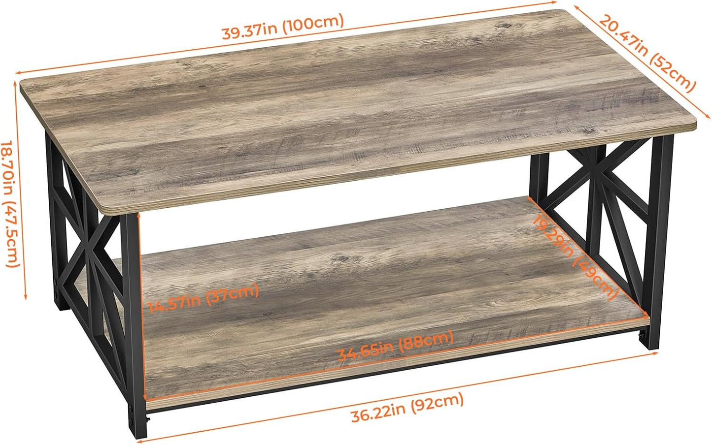 GreenForest Coffee Table for Living Room with Round Corners Farmhouse Style Center Table with Storage Shelf 39 Inch Space Saving Easy Assembly Gray Wash