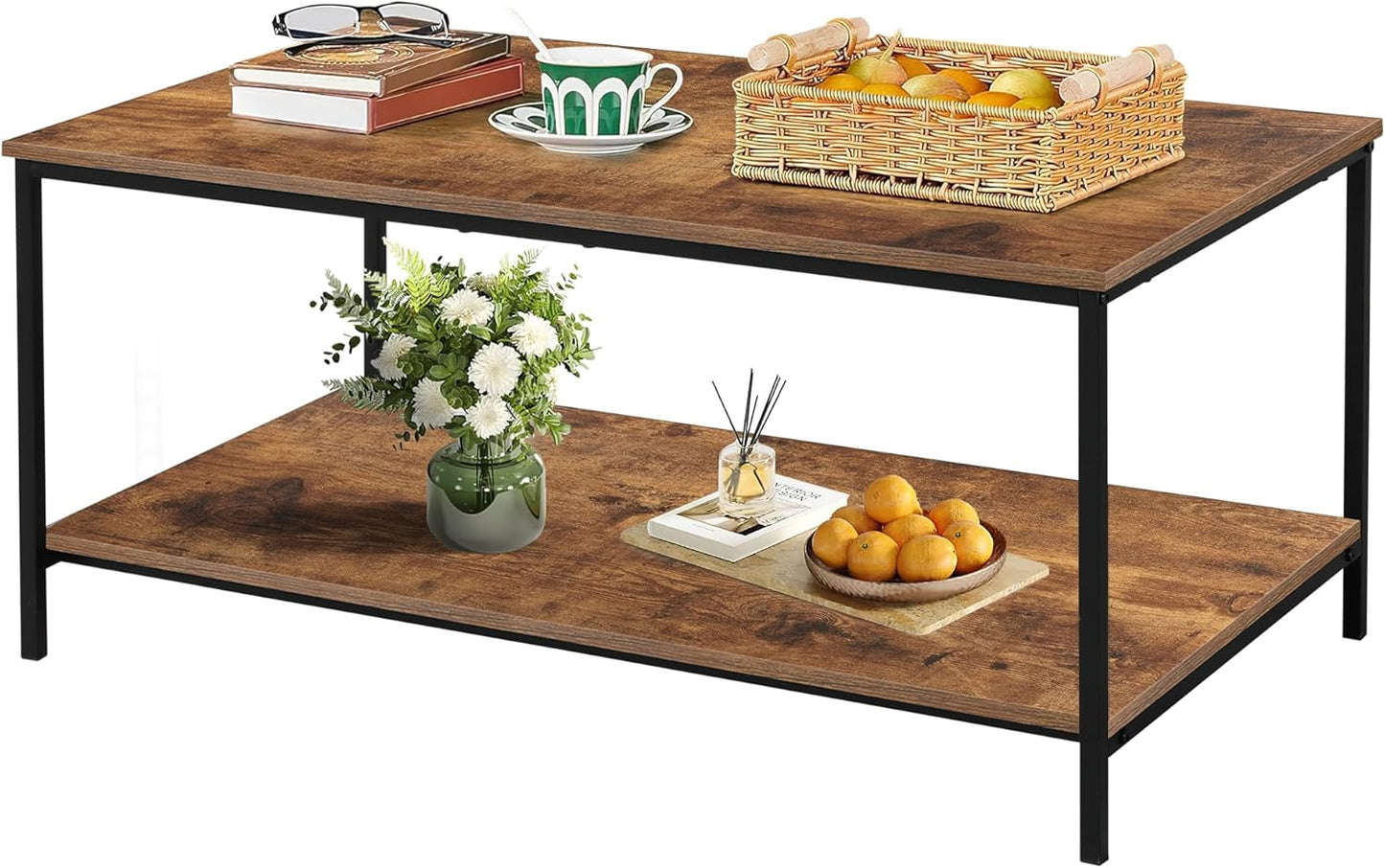 SENIG Small Brown Rectangle Wood and Metal Coffee Table with Storage Shelf for Small Living Rooms