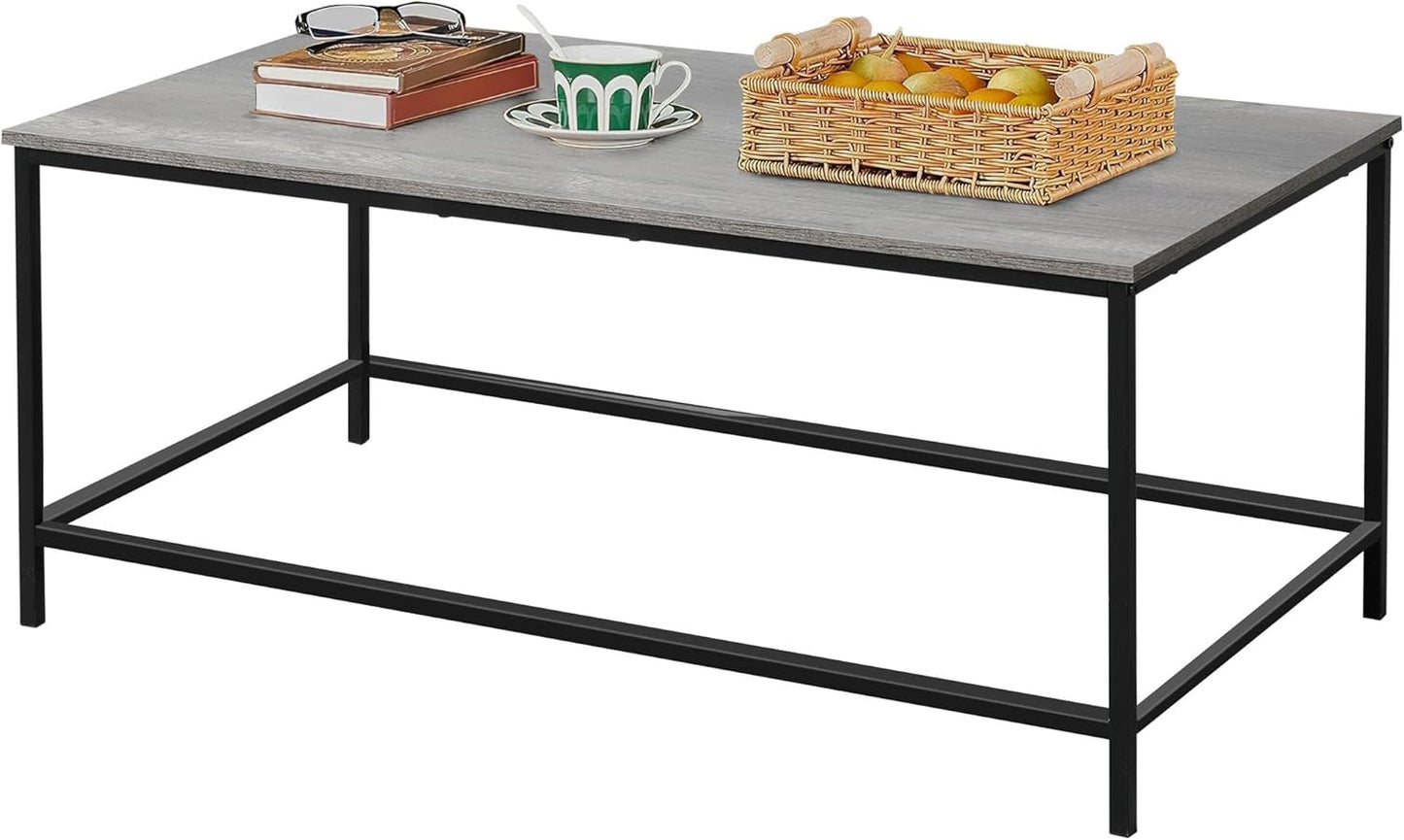 SENIG Small Brown Rectangle Wood and Metal Coffee Table with Storage Shelf for Small Living Rooms