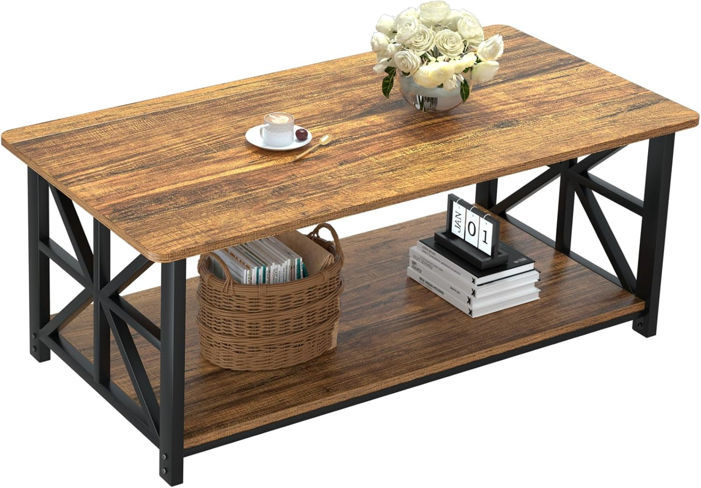 GreenForest Coffee Table for Living Room with Round Corners Farmhouse Style Center Table with Storage Shelf 39 Inch Space Saving Easy Assembly Gray Wash