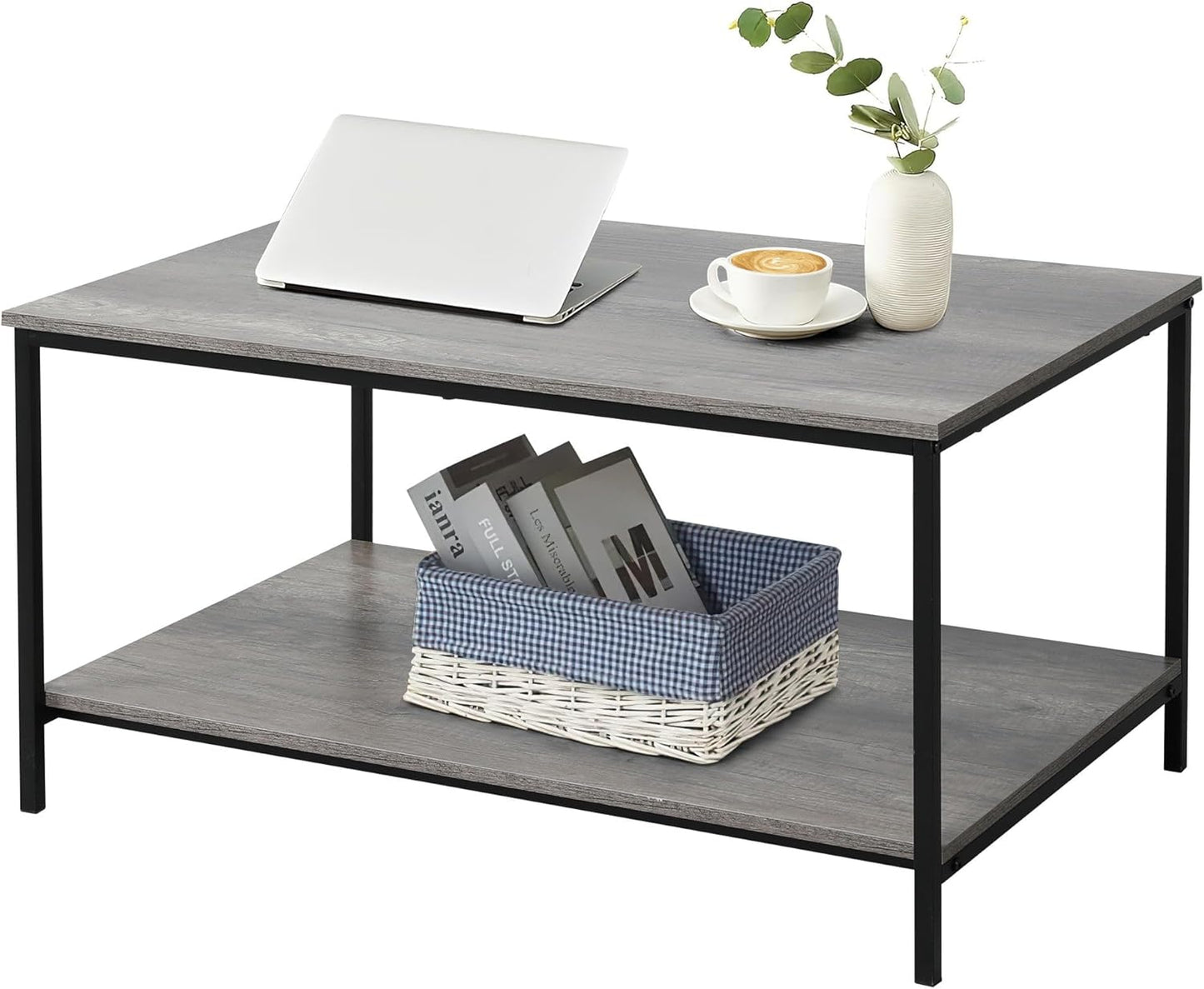 SENIG Small Brown Rectangle Wood and Metal Coffee Table with Storage Shelf for Small Living Rooms