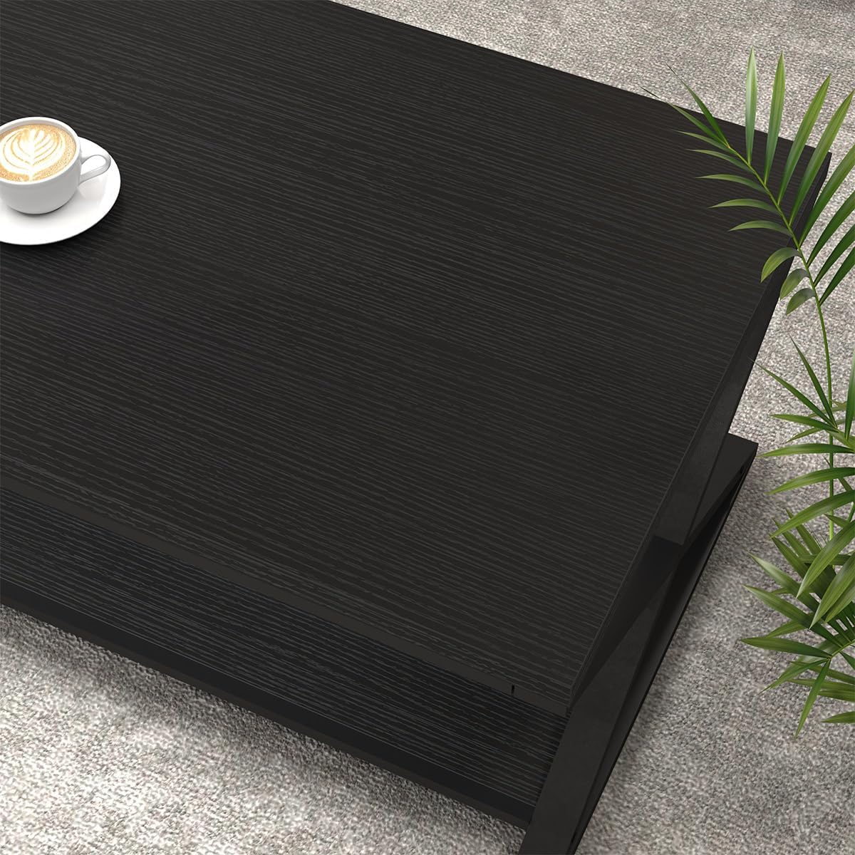 HSH Black Coffee Table Modern, 47 Inch Simple Rectangle Cocktail Table with Storage Display Shelf, 2 Tier Minimalist Industrial Wooden and Metal Center Tea Table for Living Room Office, Black Oak