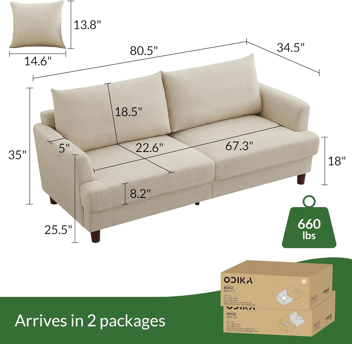 81" 3 Seater Couch, Includes 2 Matching Pillows, Sofa with Removable & Machine-Washable Covers, Spring-Loaded Cushions, Easy Assembly (Beige, 3 Seater)