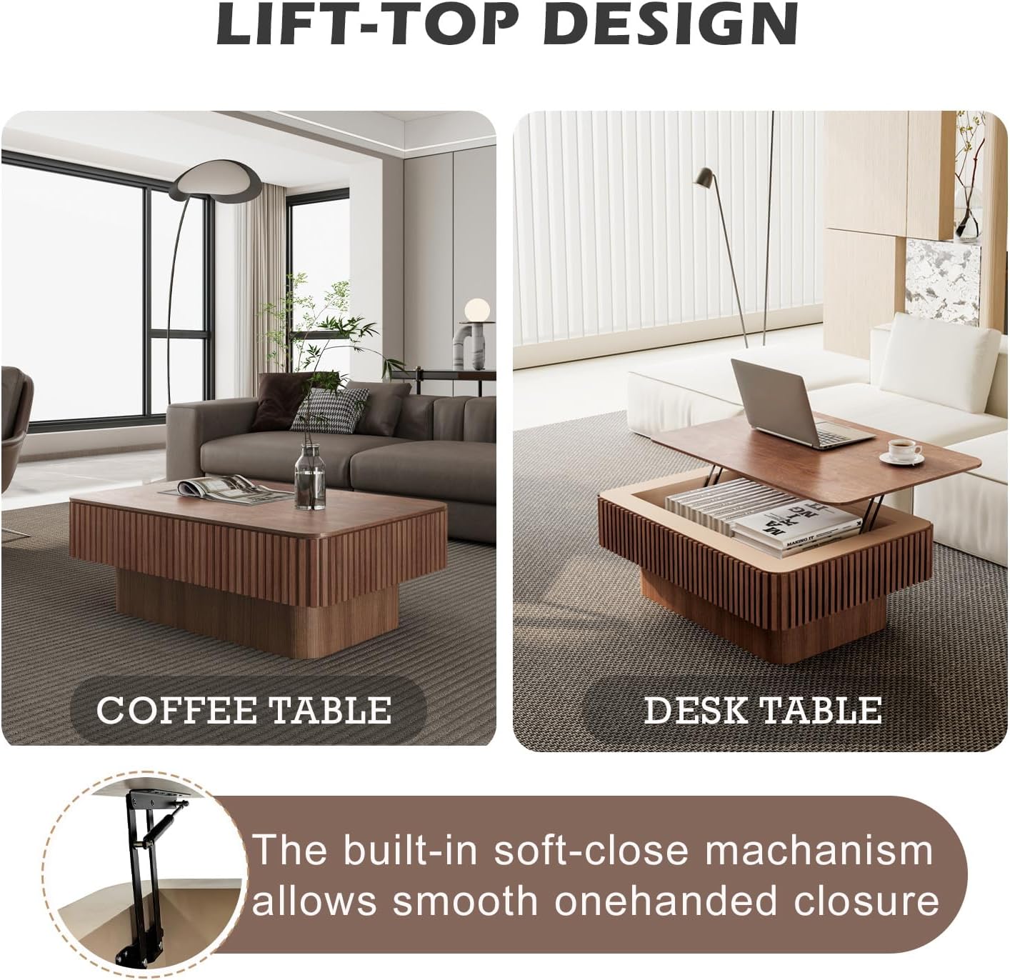 Lift Top Coffee Table with Storage, Solid Wood Coffee Table with Adjustable Height, Fluted Center Table Accent Tea Table for Living Room, Apartment, Office (38.6" Walnut)