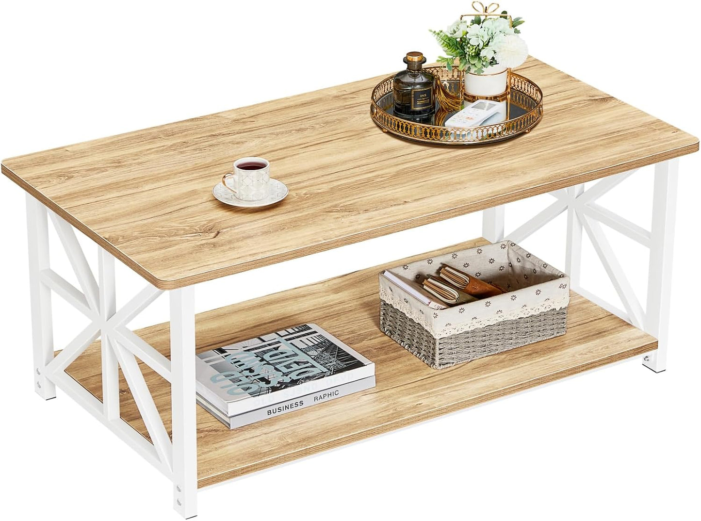 GreenForest Coffee Table for Living Room with Round Corners Farmhouse Style Center Table with Storage Shelf 39 Inch Space Saving Easy Assembly Gray Wash