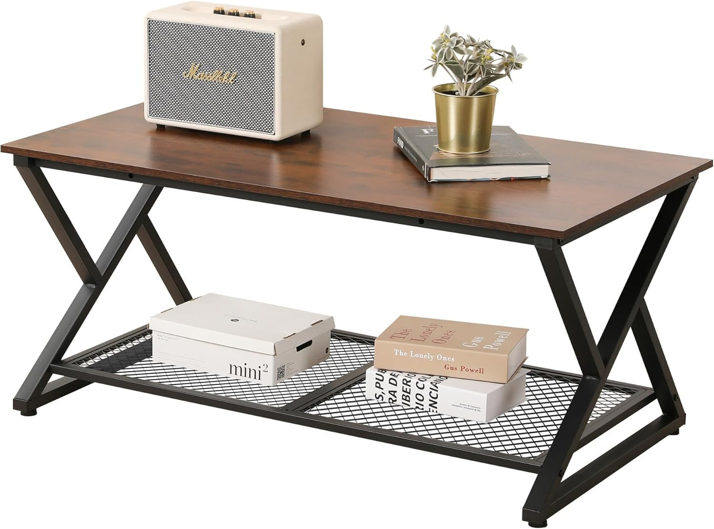 SENIG Small Brown Rectangle Wood and Metal Coffee Table with Storage Shelf for Small Living Rooms