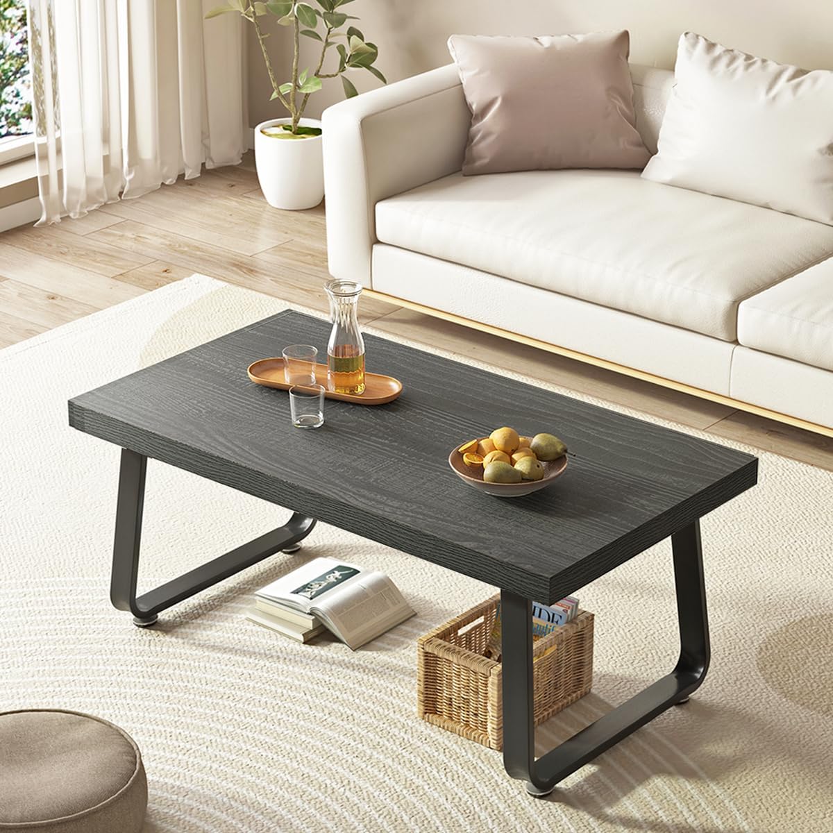 HSH Rustic Walnut Coffee Table, Modern Center Table, Rectangle Industrial Living Room Coffee Table, Simple Farmhouse Wood and Metal Tea Table for Home Bedroom Office, Walnut, 47 in