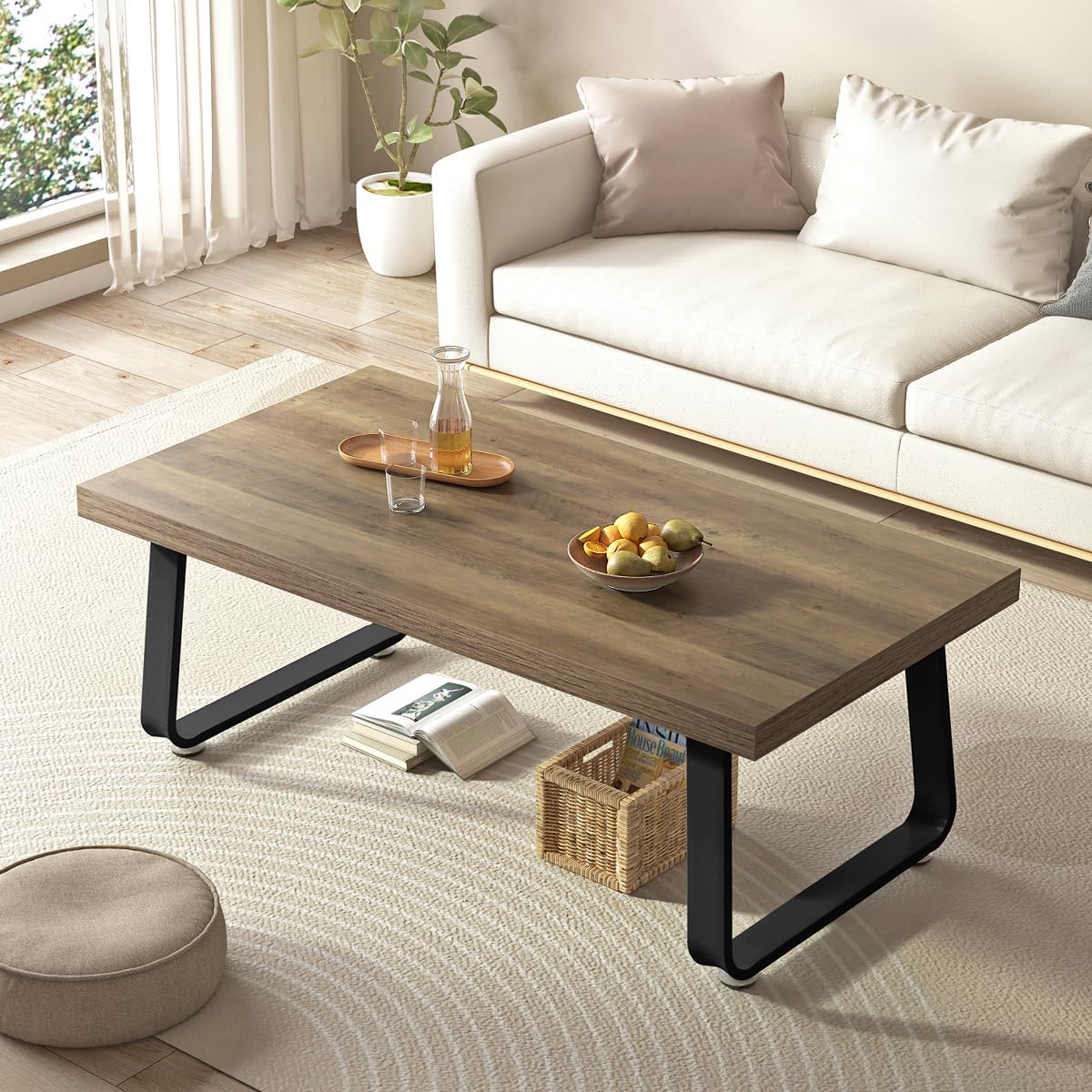 HSH Rustic Walnut Coffee Table, Modern Center Table, Rectangle Industrial Living Room Coffee Table, Simple Farmhouse Wood and Metal Tea Table for Home Bedroom Office, Walnut, 47 in