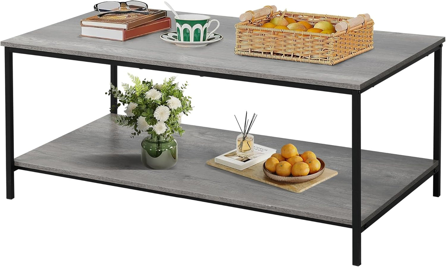 SENIG Small Brown Rectangle Wood and Metal Coffee Table with Storage Shelf for Small Living Rooms