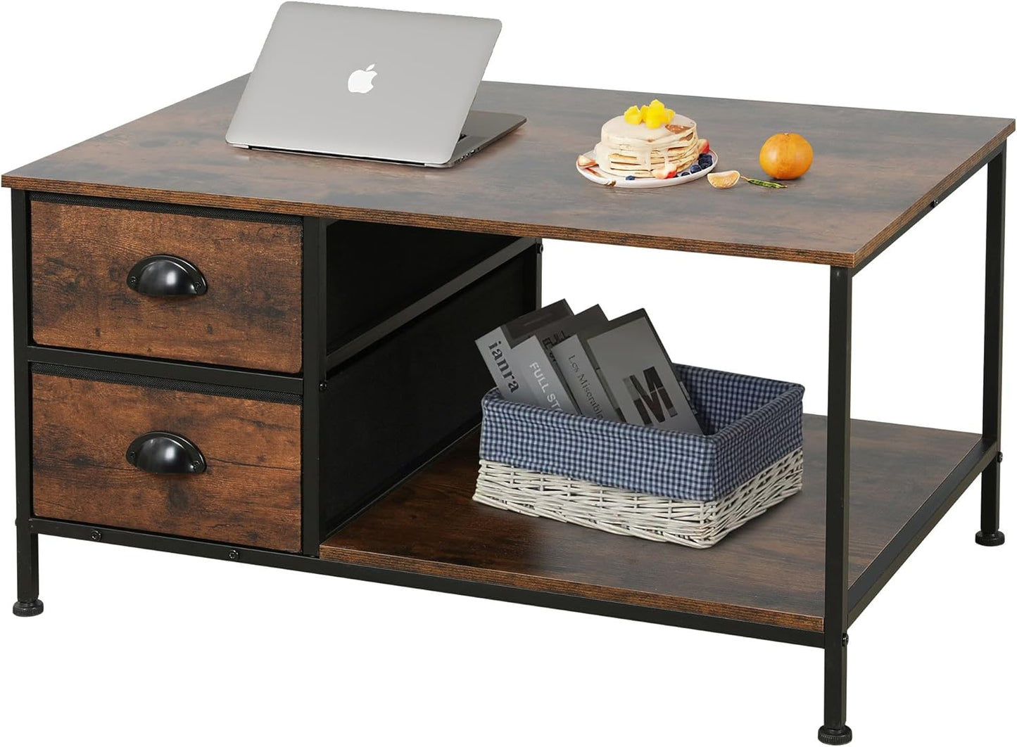 SENIG Small Brown Rectangle Wood and Metal Coffee Table with Storage Shelf for Small Living Rooms