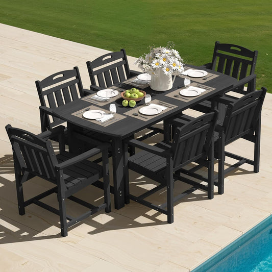 HDPE Outdoor Table and Chairs,66" Outdoor Dining Table Set with Umbrella Hole,7-Piece Patio Dining Set for Backyard,Black