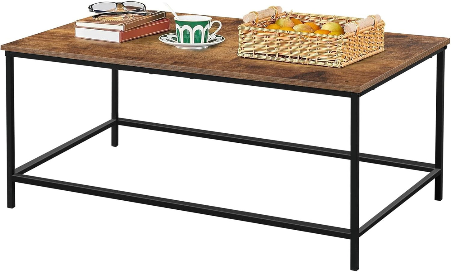 SENIG Small Brown Rectangle Wood and Metal Coffee Table with Storage Shelf for Small Living Rooms