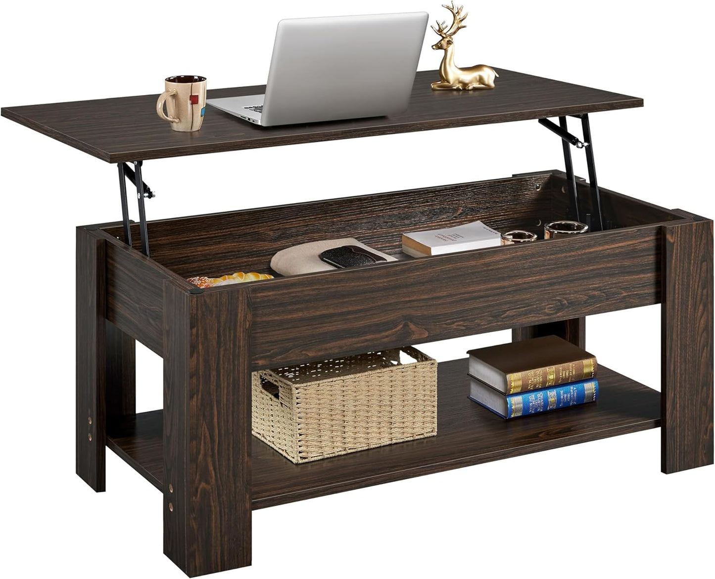 Yaheetech Wooden Coffee Table, Lift Top Coffee Table with Large Hidden Storage Shelf, Lift Tabletop Dining Tables for Living Room, Home Small Space, 38.6in, Black