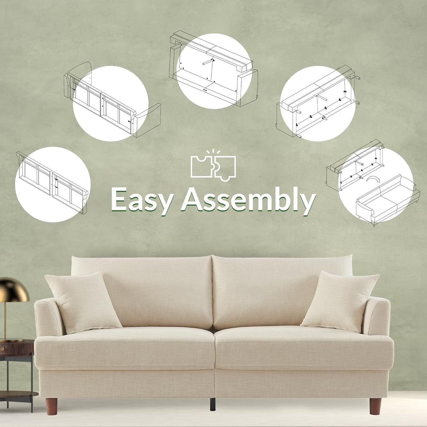 81" 3 Seater Couch, Includes 2 Matching Pillows, Sofa with Removable & Machine-Washable Covers, Spring-Loaded Cushions, Easy Assembly (Beige, 3 Seater)