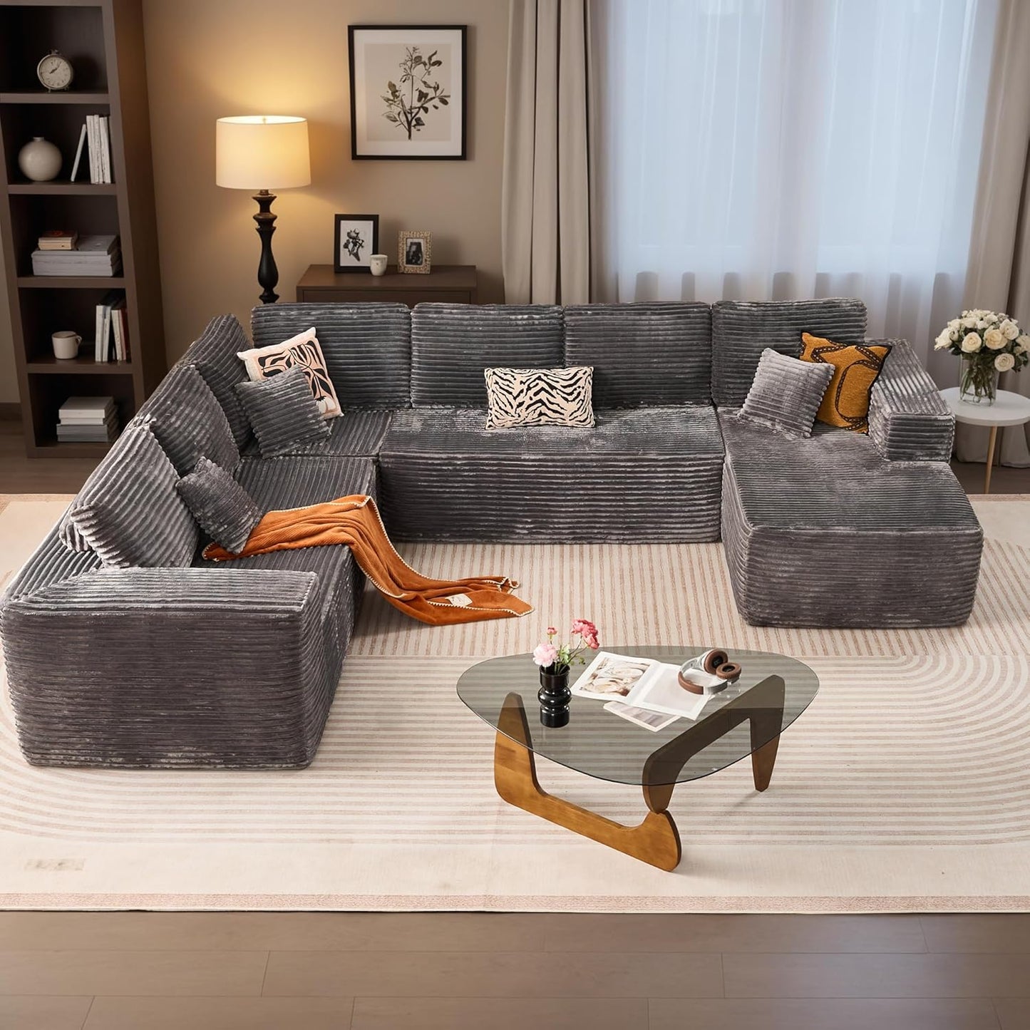 HOOOWOOO Cloud Sectional Couches for Living Room,Modular Sectional Sofa No Assembly,133X70 Inch Plush Corduroy Large U Shaped Floor Couch Set with Deep Seat Chaise Ottoman(Black)