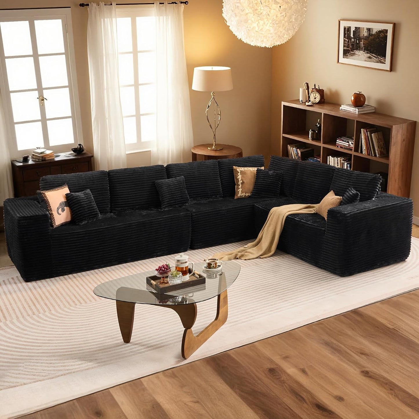 HOOOWOOO Cloud Sectional Couches for Living Room,Modular Sectional Sofa No Assembly,133X70 Inch Plush Corduroy Large U Shaped Floor Couch Set with Deep Seat Chaise Ottoman(Black)