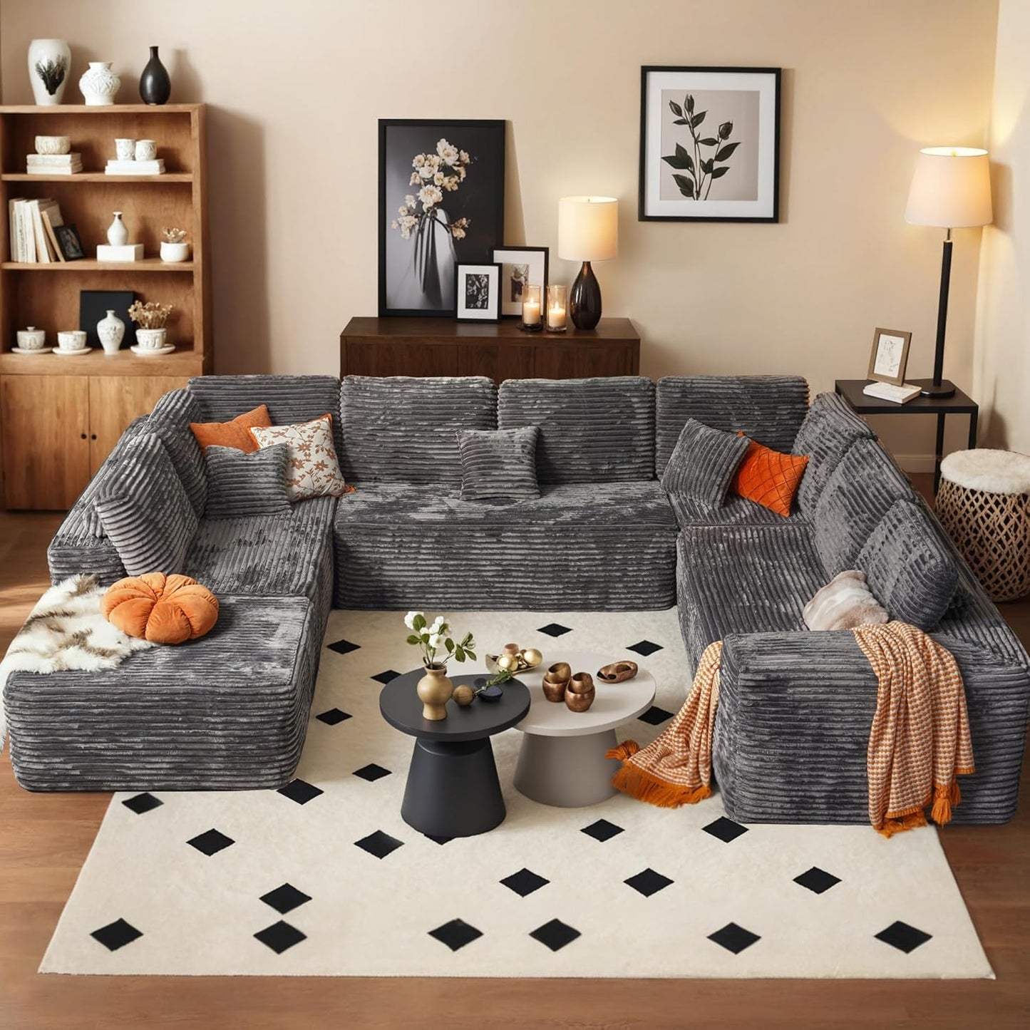 HOOOWOOO Cloud Sectional Couches for Living Room,Modular Sectional Sofa No Assembly,133X70 Inch Plush Corduroy Large U Shaped Floor Couch Set with Deep Seat Chaise Ottoman(Black)