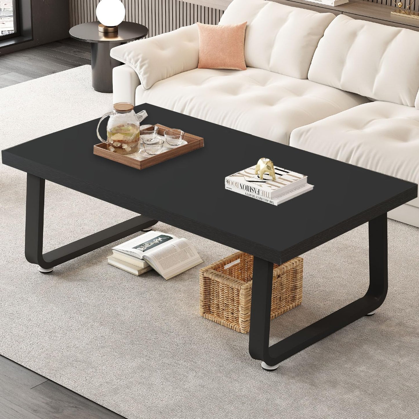 HSH Rustic Walnut Coffee Table, Modern Center Table, Rectangle Industrial Living Room Coffee Table, Simple Farmhouse Wood and Metal Tea Table for Home Bedroom Office, Walnut, 47 in
