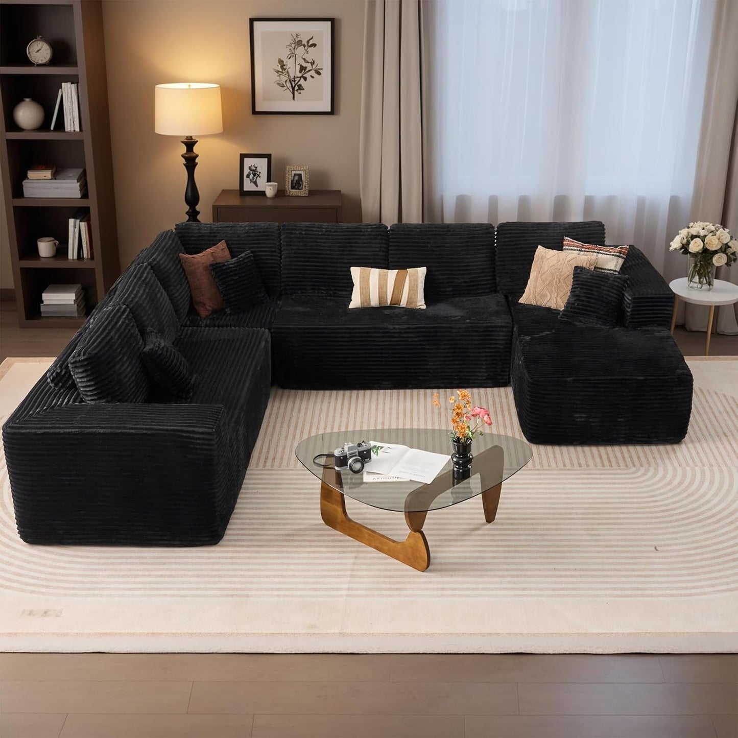 HOOOWOOO Cloud Sectional Couches for Living Room,Modular Sectional Sofa No Assembly,133X70 Inch Plush Corduroy Large U Shaped Floor Couch Set with Deep Seat Chaise Ottoman(Black)