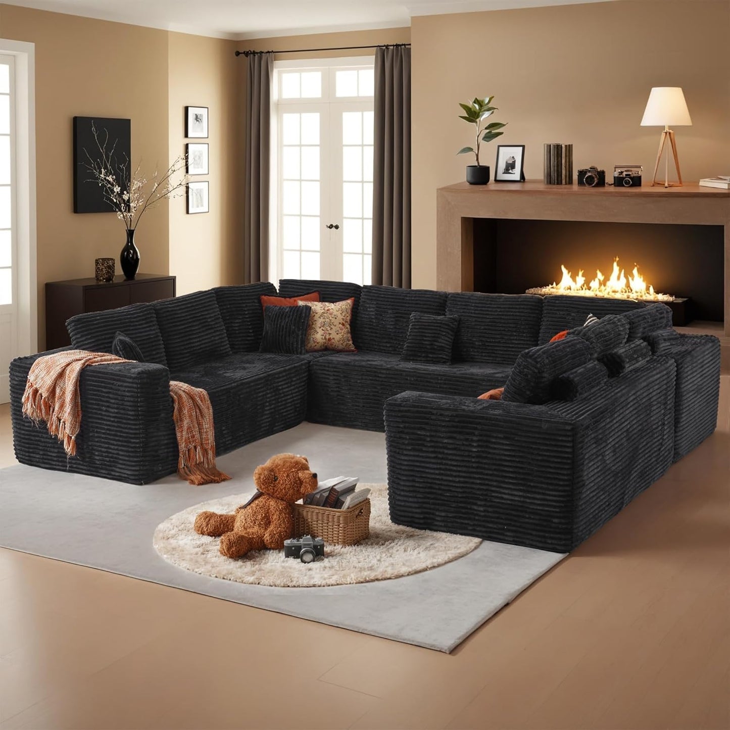 HOOOWOOO Cloud Sectional Couches for Living Room,Modular Sectional Sofa No Assembly,133X70 Inch Plush Corduroy Large U Shaped Floor Couch Set with Deep Seat Chaise Ottoman(Black)