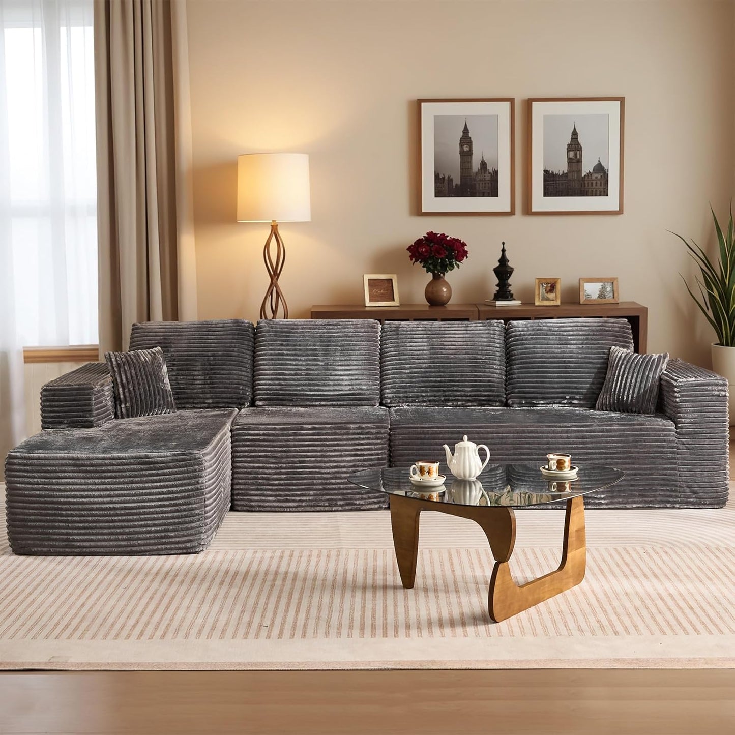 HOOOWOOO Cloud Sectional Couches for Living Room,Modular Sectional Sofa No Assembly,133X70 Inch Plush Corduroy Large U Shaped Floor Couch Set with Deep Seat Chaise Ottoman(Black)