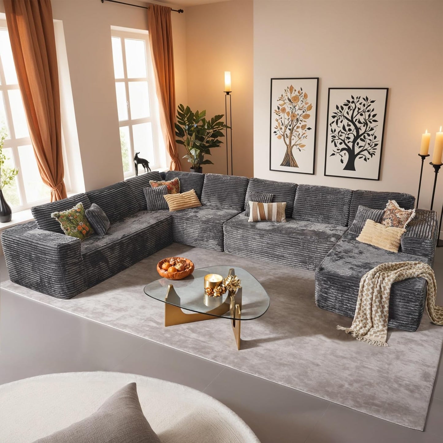 HOOOWOOO Cloud Sectional Couches for Living Room,Modular Sectional Sofa No Assembly,133X70 Inch Plush Corduroy Large U Shaped Floor Couch Set with Deep Seat Chaise Ottoman(Black)