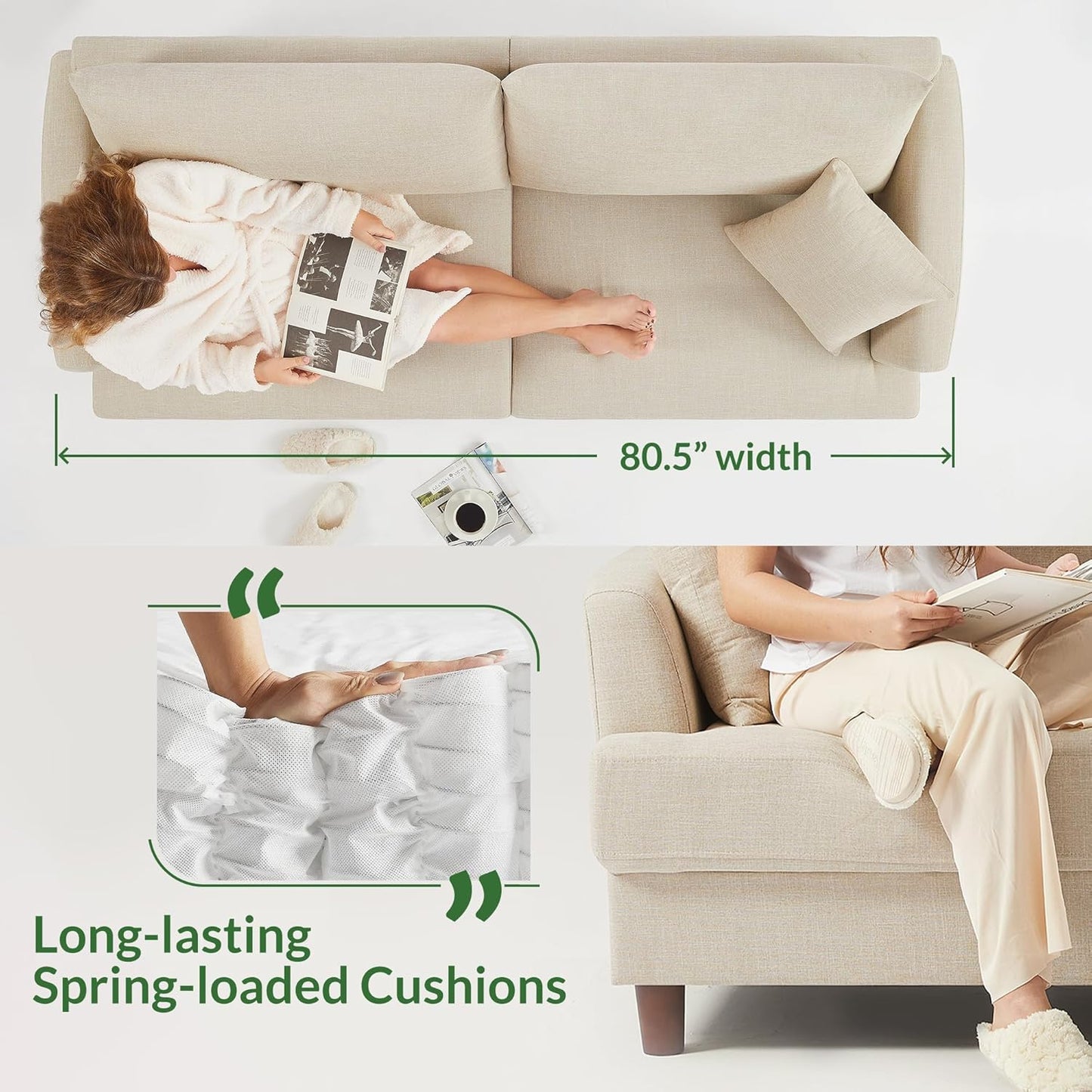 81" 3 Seater Couch, Includes 2 Matching Pillows, Sofa with Removable & Machine-Washable Covers, Spring-Loaded Cushions, Easy Assembly (Beige, 3 Seater)