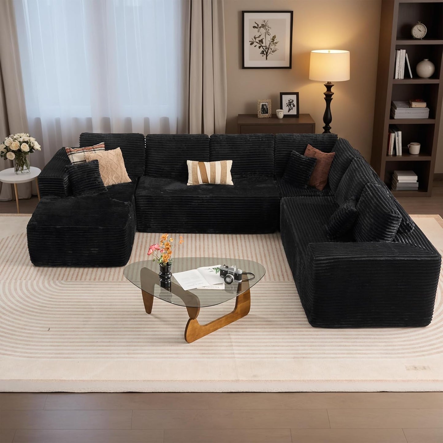 HOOOWOOO Cloud Sectional Couches for Living Room,Modular Sectional Sofa No Assembly,133X70 Inch Plush Corduroy Large U Shaped Floor Couch Set with Deep Seat Chaise Ottoman(Black)